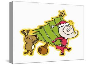 Santa and Rudolph Carrying Tree-null-Stretched Canvas