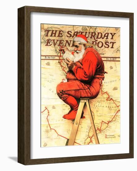 "Santa at the Map" Saturday Evening Post Cover, December 16,1939-Norman Rockwell-Framed Giclee Print