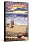 Santa Barbara, California - Beach and Sunset-Lantern Press-Framed Stretched Canvas