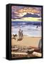 Santa Barbara, California - Beach and Sunset-Lantern Press-Framed Stretched Canvas
