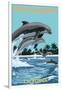 Santa Barbara, California - Dolphins Jumping-Lantern Press-Framed Art Print