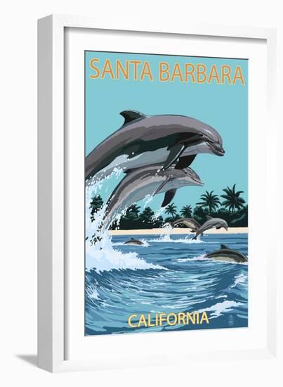 Santa Barbara, California - Dolphins Jumping-Lantern Press-Framed Art Print