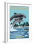 Santa Barbara, California - Dolphins Jumping-Lantern Press-Framed Art Print