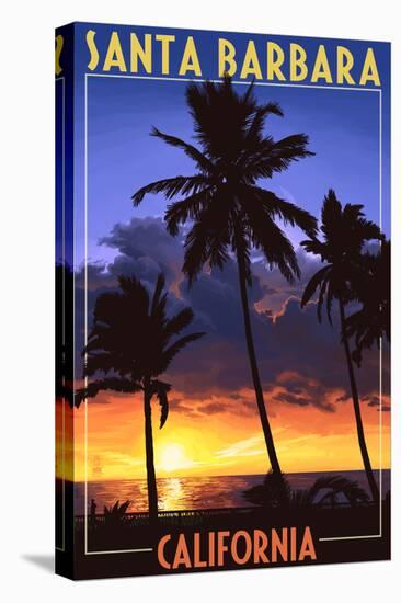 Santa Barbara, California - Palms and Sunset-Lantern Press-Stretched Canvas