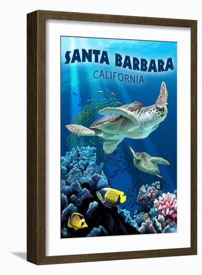 Santa Barbara, California - Sea Turtle Swimming-Lantern Press-Framed Art Print