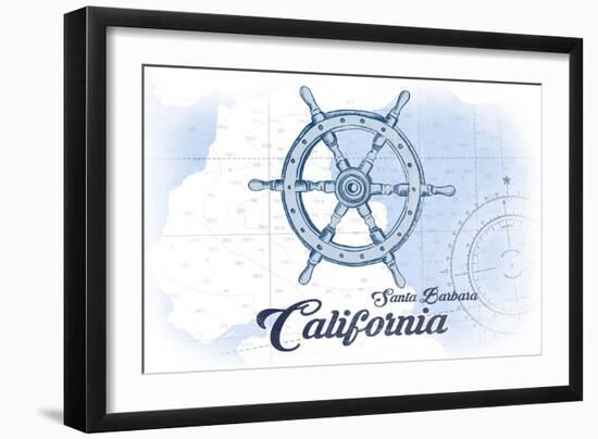 Santa Barbara, California - Ship Wheel - Blue - Coastal Icon-Lantern Press-Framed Art Print