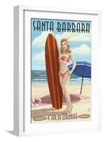 Santa Barbara, California - Surfer Pinup-Lantern Press-Framed Art Print
