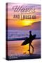 Santa Barbara, California - the Waves are Calling - Surfer and Sunset-Lantern Press-Stretched Canvas