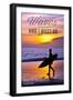Santa Barbara, California - the Waves are Calling - Surfer and Sunset-Lantern Press-Framed Art Print