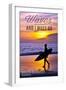 Santa Barbara, California - the Waves are Calling - Surfer and Sunset-Lantern Press-Framed Art Print