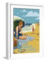 Santa Barbara, California - Woman on Beach-Lantern Press-Framed Art Print