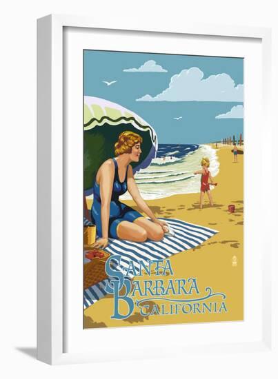 Santa Barbara, California - Woman on Beach-Lantern Press-Framed Art Print