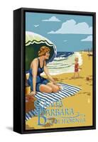 Santa Barbara, California - Woman on Beach-Lantern Press-Framed Stretched Canvas