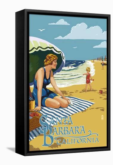 Santa Barbara, California - Woman on Beach-Lantern Press-Framed Stretched Canvas