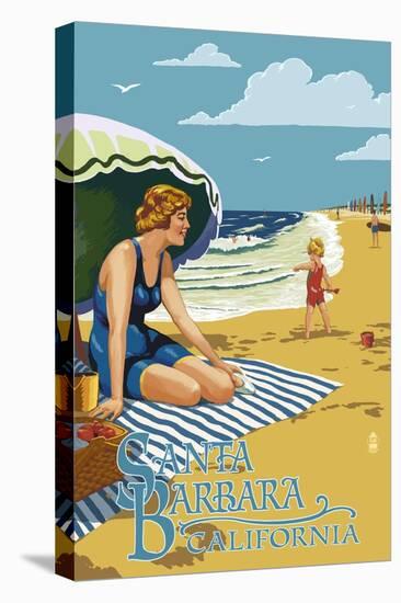 Santa Barbara, California - Woman on Beach-Lantern Press-Stretched Canvas