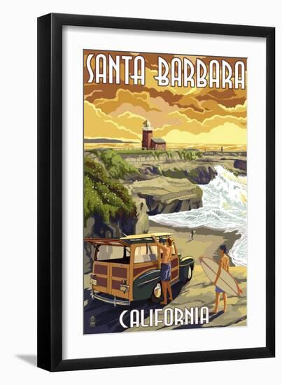 Santa Barbara, California - Woody and Lighthouse-Lantern Press-Framed Art Print