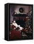 SANTA CLAUS ASLEEP IN CHAIR IN FRONT OF CHRISTMAS TREE AND FIREPLACE INDOOR-Panoramic Images-Framed Stretched Canvas