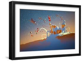 Santa Claus Balancing on Fantasy Houses,Illustration-Tithi Luadthong-Framed Art Print