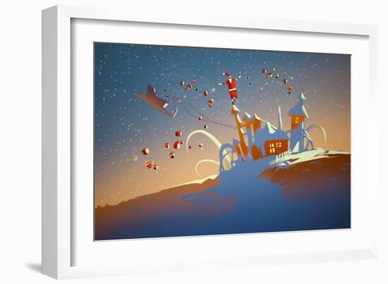 Santa Claus Balancing on Fantasy Houses,Illustration-Tithi Luadthong-Framed Art Print