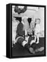 Santa Claus with a Little Boy and a Teddy Bear in Front of a Fire Place-null-Framed Stretched Canvas