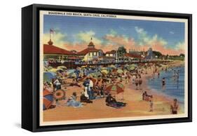 Santa Cruz, CA - Sunbathers & Swimmers on Boardwalk & Beach-Lantern Press-Framed Stretched Canvas