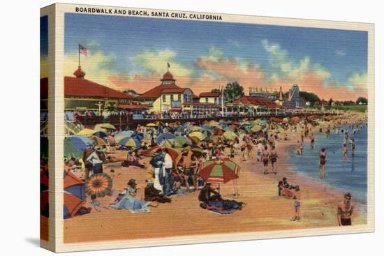 Santa Cruz, CA - Sunbathers & Swimmers on Boardwalk & Beach-Lantern Press-Stretched Canvas