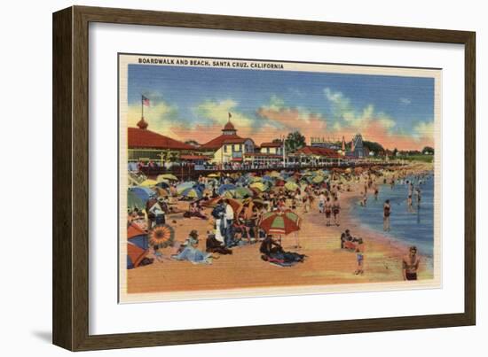 Santa Cruz, CA - Sunbathers & Swimmers on Boardwalk & Beach-Lantern Press-Framed Art Print
