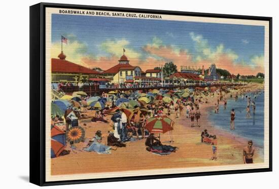 Santa Cruz, CA - Sunbathers & Swimmers on Boardwalk & Beach-Lantern Press-Framed Stretched Canvas