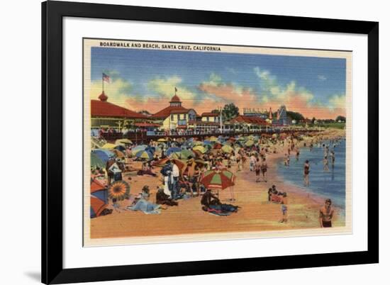 Santa Cruz, CA - Sunbathers & Swimmers on Boardwalk & Beach-Lantern Press-Framed Art Print