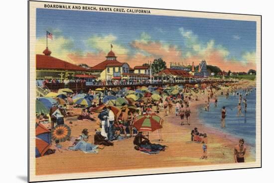 Santa Cruz, CA - Sunbathers & Swimmers on Boardwalk & Beach-Lantern Press-Mounted Art Print