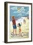 Santa Cruz, California - Beach and Kite Flyers-Lantern Press-Framed Art Print