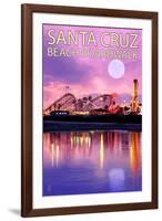 Santa Cruz, California - Beach Boardwalk and Moon at Twilight-Lantern Press-Framed Art Print