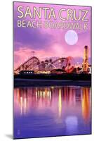 Santa Cruz, California - Beach Boardwalk and Moon at Twilight-Lantern Press-Mounted Art Print