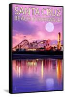 Santa Cruz, California - Beach Boardwalk and Moon at Twilight-Lantern Press-Framed Stretched Canvas