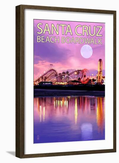 Santa Cruz, California - Beach Boardwalk and Moon at Twilight-Lantern Press-Framed Art Print