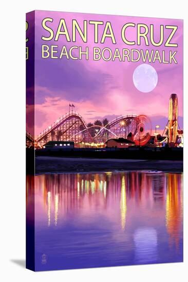 Santa Cruz, California - Beach Boardwalk and Moon at Twilight-Lantern Press-Stretched Canvas