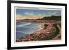 Santa Cruz, California - Cliff Drive View of Ocean, Beach, & Flowers-Lantern Press-Framed Premium Giclee Print