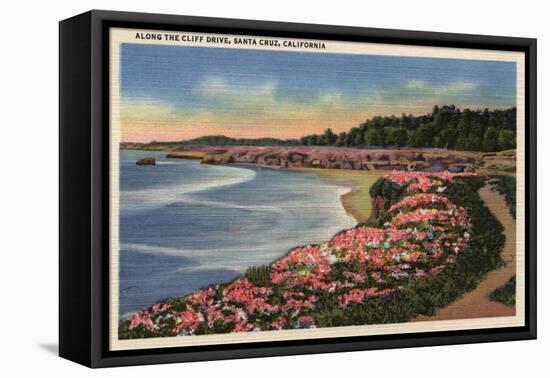 Santa Cruz, California - Cliff Drive View of Ocean, Beach, & Flowers-Lantern Press-Framed Stretched Canvas