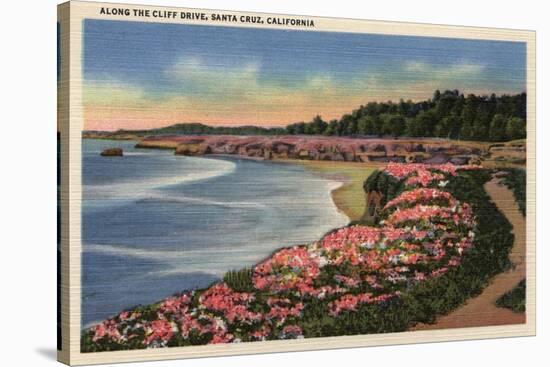 Santa Cruz, California - Cliff Drive View of Ocean, Beach, & Flowers-Lantern Press-Stretched Canvas