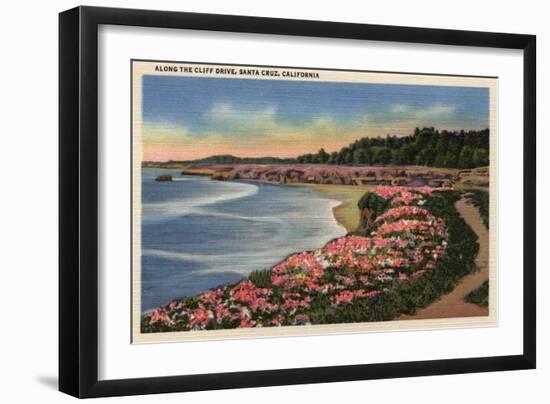 Santa Cruz, California - Cliff Drive View of Ocean, Beach, & Flowers-Lantern Press-Framed Art Print