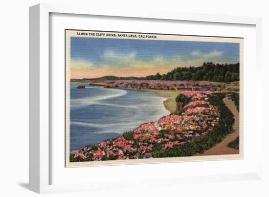 Santa Cruz, California - Cliff Drive View of Ocean, Beach, & Flowers-Lantern Press-Framed Art Print