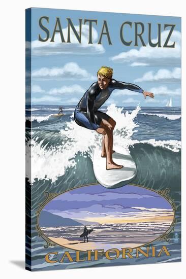 Santa Cruz, California - Day Surfer-Lantern Press-Stretched Canvas