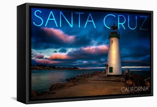 Santa Cruz, California - Lighthouse and Night Sky-Lantern Press-Framed Stretched Canvas