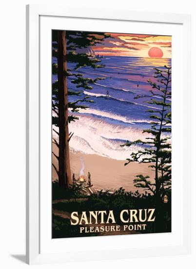 Santa Cruz, California - Pleasure Point Sunset and Surfers-Lantern Press-Framed Art Print