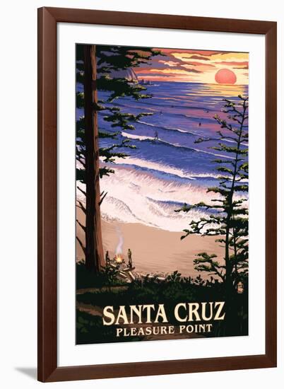 Santa Cruz, California - Pleasure Point Sunset and Surfers-Lantern Press-Framed Art Print