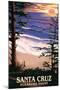 Santa Cruz, California - Pleasure Point Sunset and Surfers-Lantern Press-Mounted Art Print