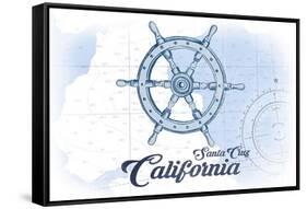 Santa Cruz, California - Ship Wheel - Blue - Coastal Icon-Lantern Press-Framed Stretched Canvas