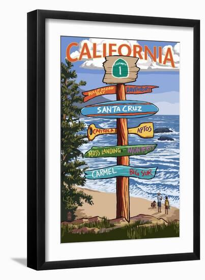 Santa Cruz, California - Signpost Destinations-Lantern Press-Framed Art Print