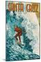 Santa Cruz, California - Stylized Surfer-Lantern Press-Mounted Art Print
