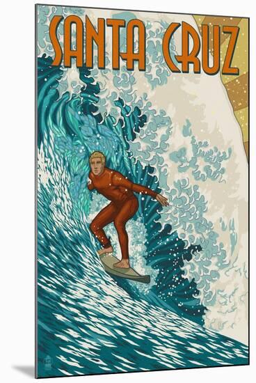 Santa Cruz, California - Stylized Surfer-Lantern Press-Mounted Art Print